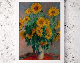 ひまわりの版画、クロード・モネの版画、ひまわりの花束、ひまわりの