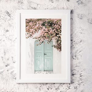 Pink Flower Door Poster – Photography Print of Turquoise Door with Pink Flowers in Santorini, Charming Wall Art for Home Decor