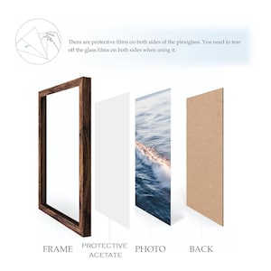 May include: An exploded view of a framed photo, showing the frame, protective acetate, photo, and back. The frame is dark brown. The photo depicts ocean waves. Text indicates protective films on the plexiglass must be removed before use.
