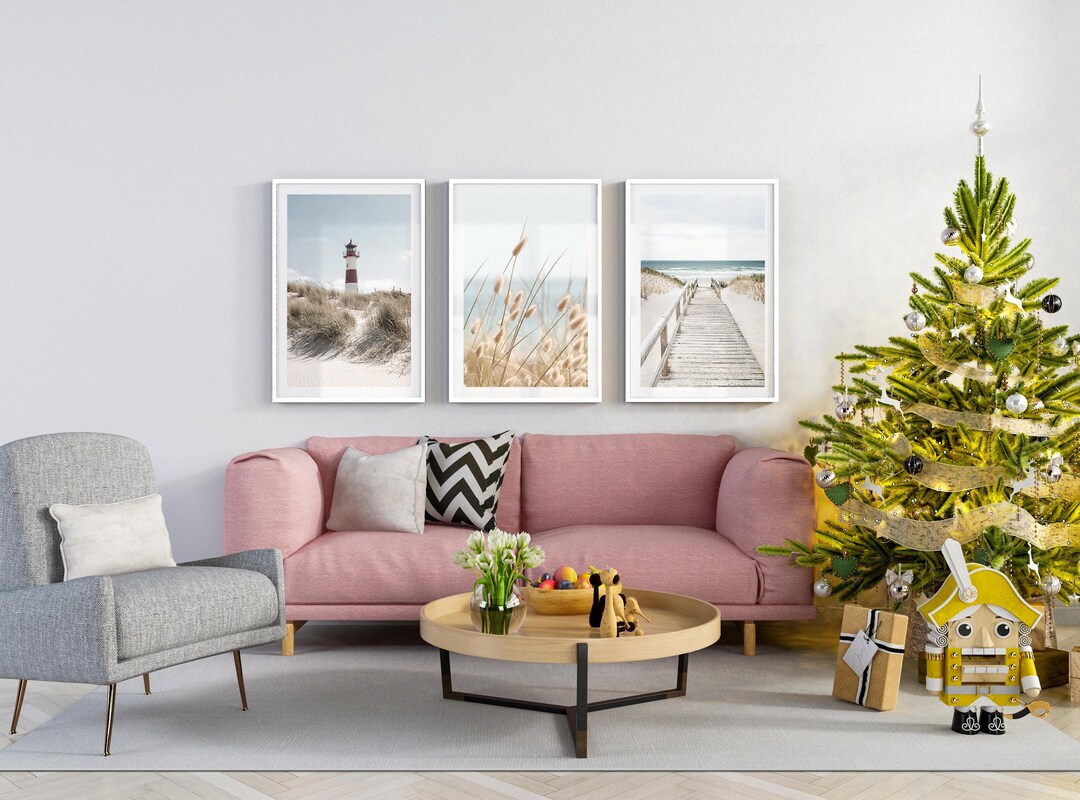 Minimalist Coastal Beach Wall Art Set of 3, Lighthouse Dunes and Wooden ...