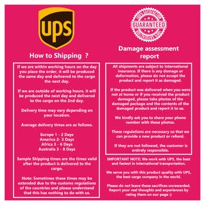 Pu&ograve; includere: Un foglio informativo rosa e bianco con il marchio UPS. Il foglio fornisce informazioni sulla spedizione, inclusi i tempi di consegna per varie regioni e un rapporto di valutazione dei danni. Include anche un sigillo di garanzia di soddisfazione.