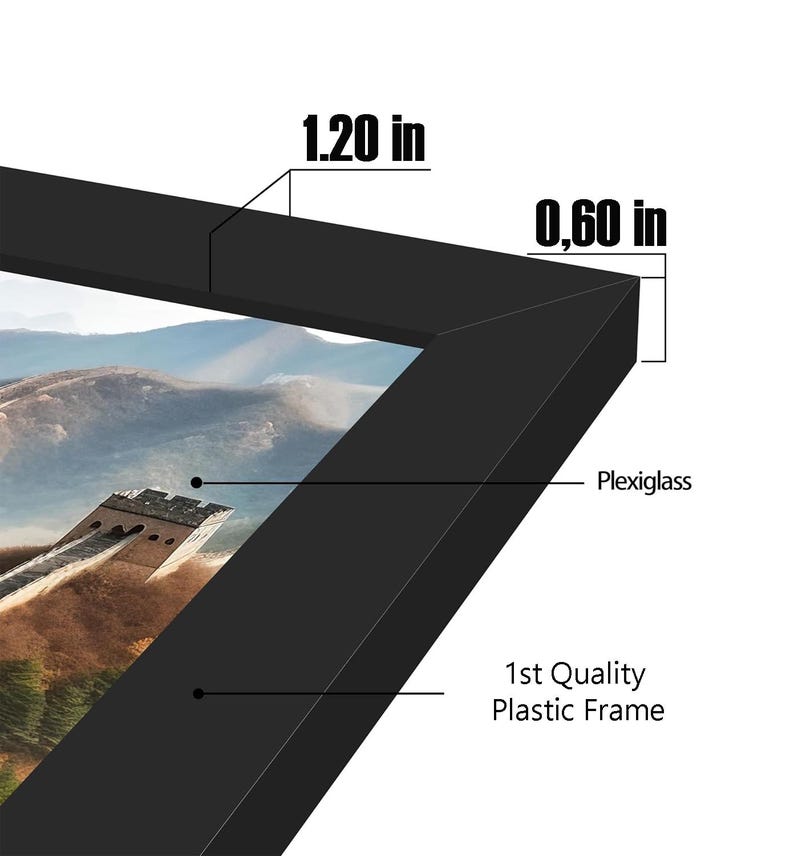 Pu&ograve; includere: Stampa con cornice nera raffigurante un paesaggio con una catena montuosa e una sezione di un muro di pietra. La cornice &egrave; larga 3,05 cm e spessa 1,52 cm. La cornice &egrave; in plastica e ha una copertura in plexiglass.