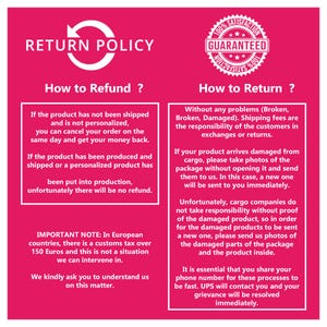 May include: A pink graphic with text detailing a return policy. The text includes information on refunds, returns, and damaged products. A guarantee seal is also present.