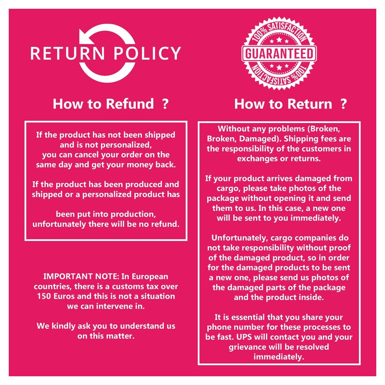 May include: A pink graphic with text detailing a return policy. The text includes information on refunds, returns, and damaged products. A guarantee seal is also present.