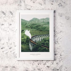 Pu&ograve; includere: Una stampa incorniciata del treno Hogwarts Express che attraversa un ponte di pietra in una verdeggiante valle. Il treno emette un pennacchio di vapore bianco. La stampa &egrave; in una cornice bianca ed &egrave; montata su una parete bianca strutturata. Il testo "HOGWARTS EXPRESS" e "DANIEL CARSON" &egrave; in basso.