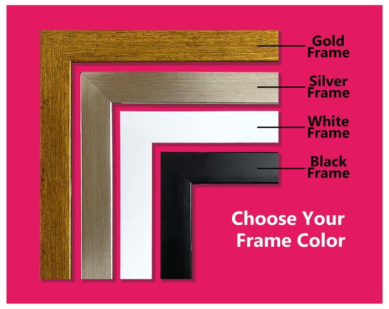 May include: Image showcasing a selection of picture frame corners in gold, silver, white, and black. The text "Choose Your Frame Color" is displayed on a pink background, offering a variety of framing options.