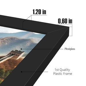 May include: Black framed print featuring a landscape scene with a section of the Great Wall of China. The frame is 1.20 inches wide and 0.60 inches thick, made of 1st Quality Plastic with Plexiglass.