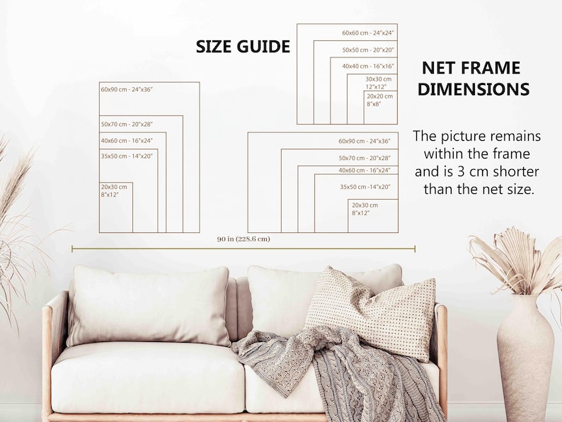 May include: A wall art size guide displays various rectangular frame dimensions in inches and centimeters. The text "NET FRAME DIMENSIONS" and a note about the picture size are also included. The image is set against a neutral background.