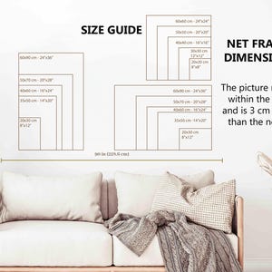 Pu&ograve; includere: Una guida alle taglie per opere d'arte da parete mostra varie dimensioni di cornici rettangolari in centimetri e pollici. Sono inclusi anche il testo "NET FRAME DIMENSIONS" e una nota sulle dimensioni dell'immagine. L'immagine &egrave; su uno sfondo neutro.