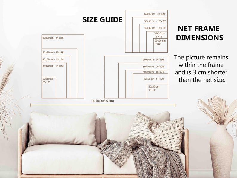 Pu&ograve; includere: Una guida alle taglie per opere d'arte da parete mostra varie dimensioni di cornici rettangolari in centimetri e pollici. Sono inclusi anche il testo "NET FRAME DIMENSIONS" e una nota sulle dimensioni dell'immagine. L'immagine &egrave; su uno sfondo neutro.