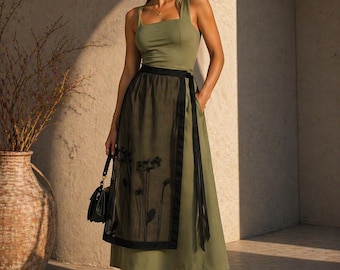 Linen Apron Skirt with Mesh & Floral Embroidery, Ukrainian Plakhta Style, Handmade Linen Wrap Skirt, Modern Folk Clothing