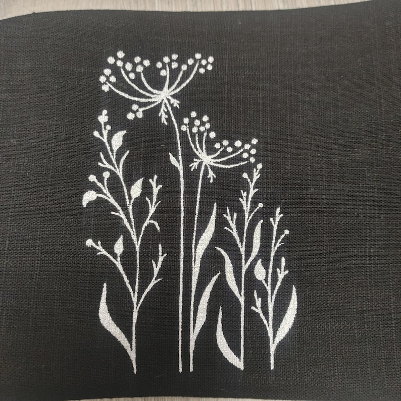 May include: Close-up of black fabric with a white floral pattern. The design showcases white flowers and leaves. The image highlights the fabric's texture and the detailed botanical illustration, creating a striking contrast.