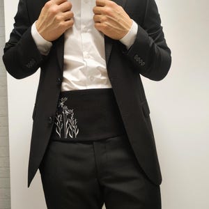 Black Linen Cummerbund Hand Painted Minimalist Botanical Design – Tuxedo Waistband, Black Tie Belt, Men's Formal Accessory, Unique Gift for image 5
