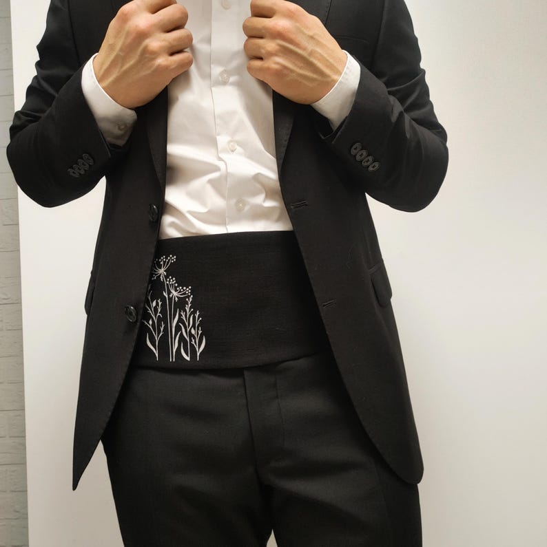 Black Linen Cummerbund Hand Painted Minimalist Botanical Design – Tuxedo Waistband, Black Tie Belt, Men's Formal Accessory, Unique Gift for image 5