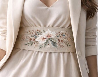 Hand Painted Linen Corset Belt, Artistic Floral Waist Belt, Boho Statement Belt, Ukrainian Inspired Textile Art