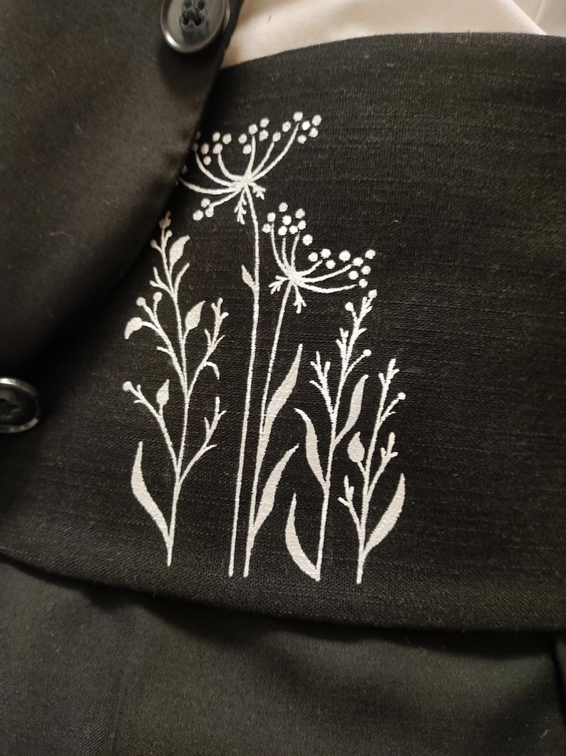 Black Linen Cummerbund Hand Painted Minimalist Botanical Design – Tuxedo Waistband, Black Tie Belt, Men's Formal Accessory, Unique Gift for image 8