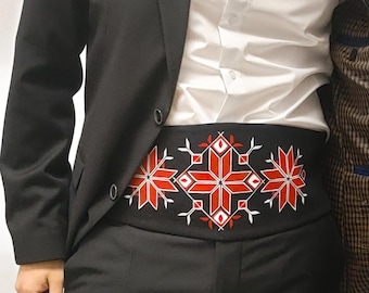 Hand Painted Linen Cummerbund – Men’s Black Tuxedo Waist Belt with Floral Design – Adjustable Formal Accessory