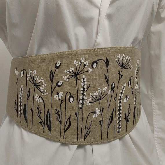 Hand Painted Linen Corset Belt, Olive Green Waist Belt  display picture 3