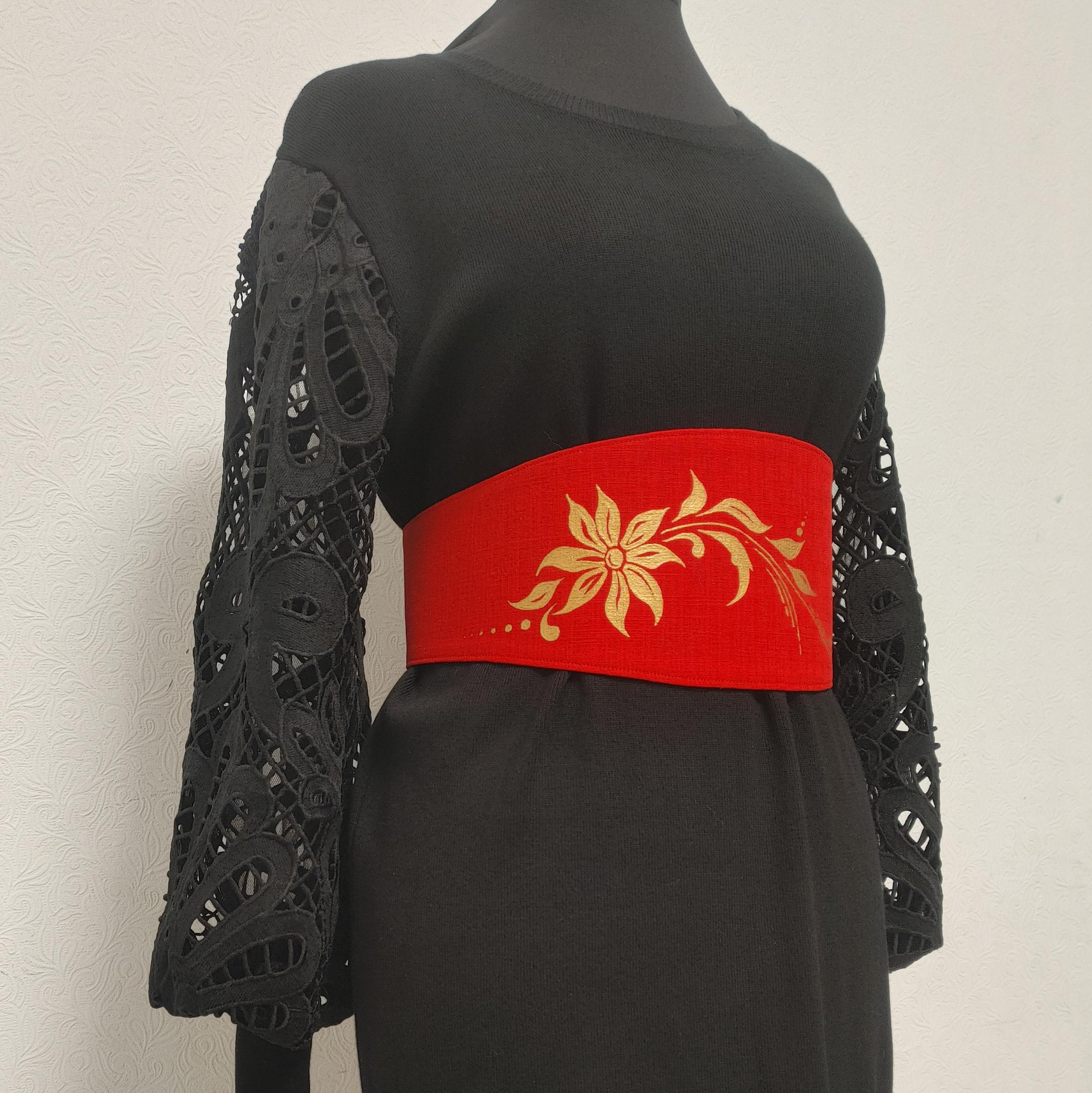 Hand Painted Red Linen Corset Belt, Gold Floral Waist Belt, One of a Kind Statement Belt