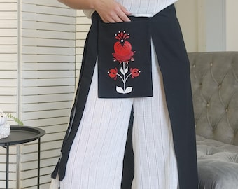 Artistic Black Linen Apron with Removable Pocket – Hand Embroidery & Petrykivka Painting Motif Handmade Folk Waist Apron with Tassels
