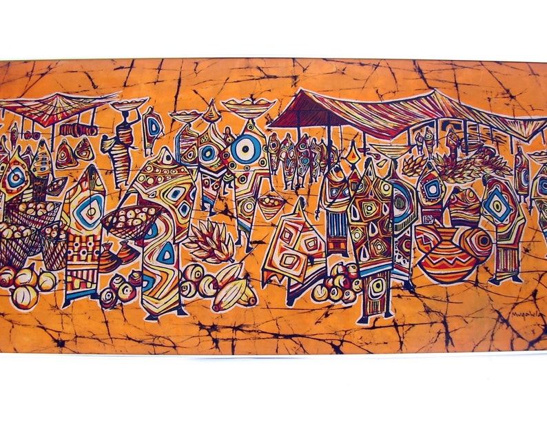Vintage African  Art  Framed Batik  Fabric  Panel Orange Blue 
