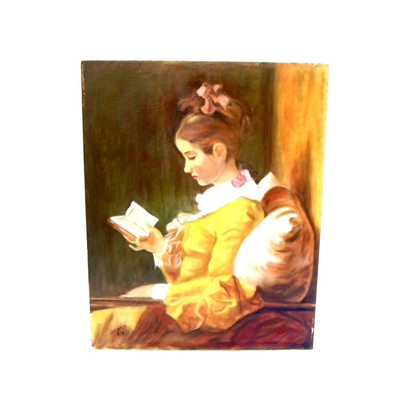 Vintage Oil Painting The Reader Study after Jean-Honore Fragonard French Master Framed Art A Young Girl Reading image 2