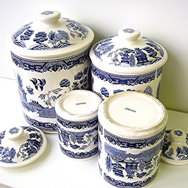 Vintage Blue Willow China Canister Set Blue and White Ironstone Willow ware