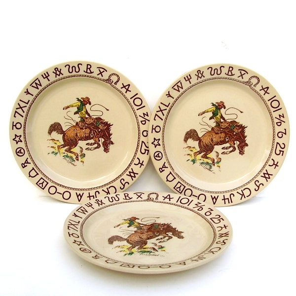 Vintage Wallace China Rodeo Westward Ho 10 inch Dinner Plates Till Goodan Cowboy Dishes