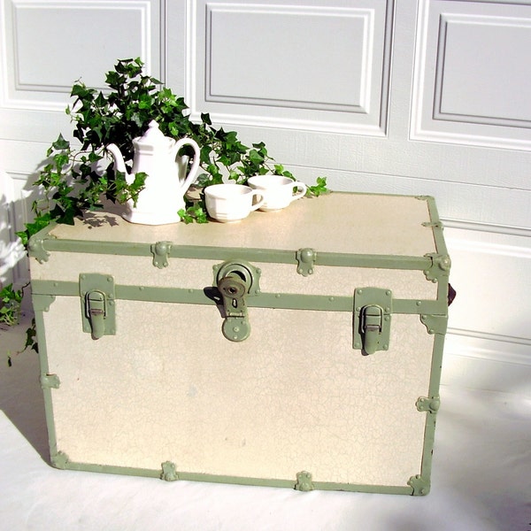 Vintage Steamer Trunk Mint Green White Wood Restored 1930s Shabby chic cottage Home decor
