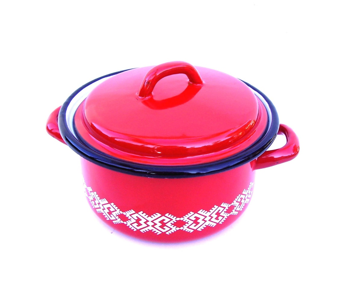 Vintage Schindler Enamelware Red Pot Geometric design Poland Etsy
