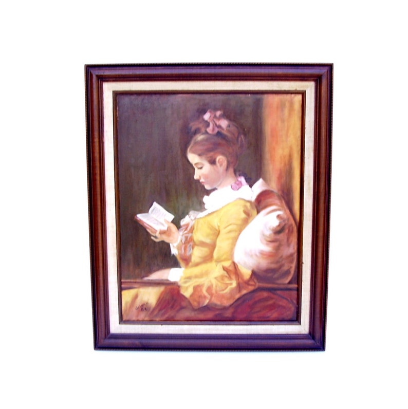 Vintage Oil Painting The Reader Study after Jean-Honore Fragonard French Master Framed Art A Young Girl Reading image 1