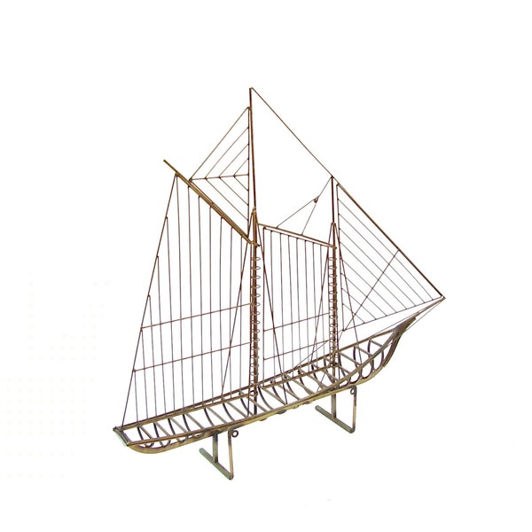 Mid century C Jere Sculpture Brass Schooner Ship Signed Dated by hand