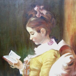 Vintage Oil Painting The Reader Study after Jean-Honore Fragonard French Master Framed Art A Young Girl Reading image 3
