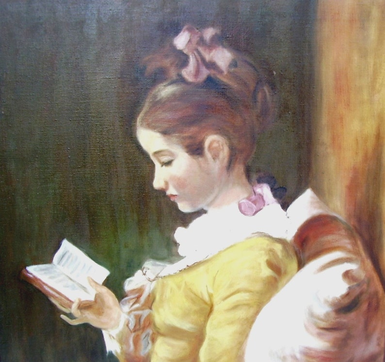 Vintage Oil Painting The Reader Study after Jean-Honore Fragonard French Master Framed Art A Young Girl Reading image 3