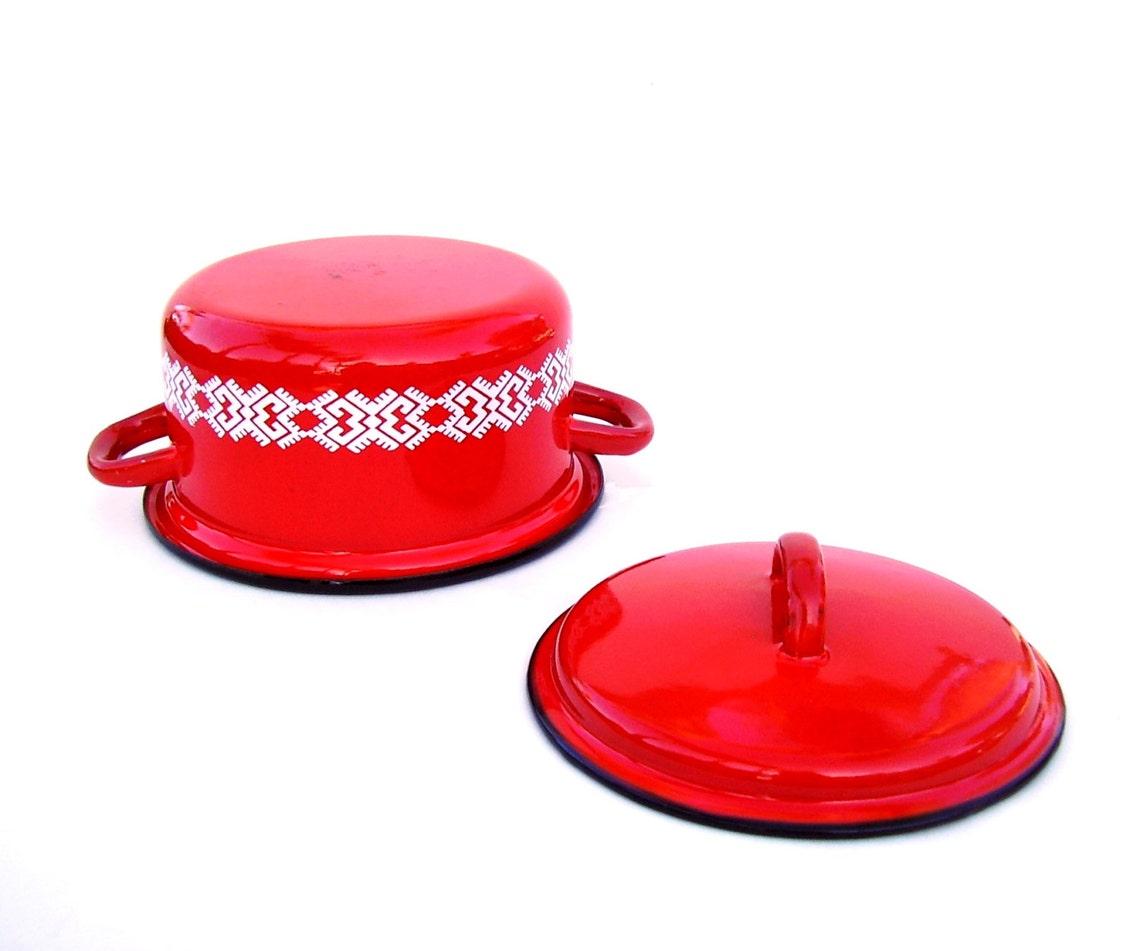 Vintage Schindler Enamelware Red Pot Geometric design Poland Etsy