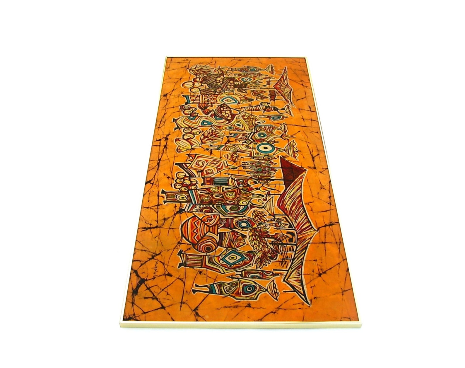 Vintage African Art Framed Batik Fabric Panel Orange Blue Etsy