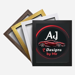 May include: Four picture frames in various colors: dark brown, gold, white, and black. The black frame displays a red sports car graphic with the text "Aj Designs by Mir". The frames are angled, showcasing their different styles.