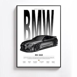 May include: A framed print featuring a gray BMW M4 G82 sports car. The car is depicted in a sleek, modern style with the BMW logo and model information prominently displayed. The print includes specifications such as power, engine, top speed, and weight.