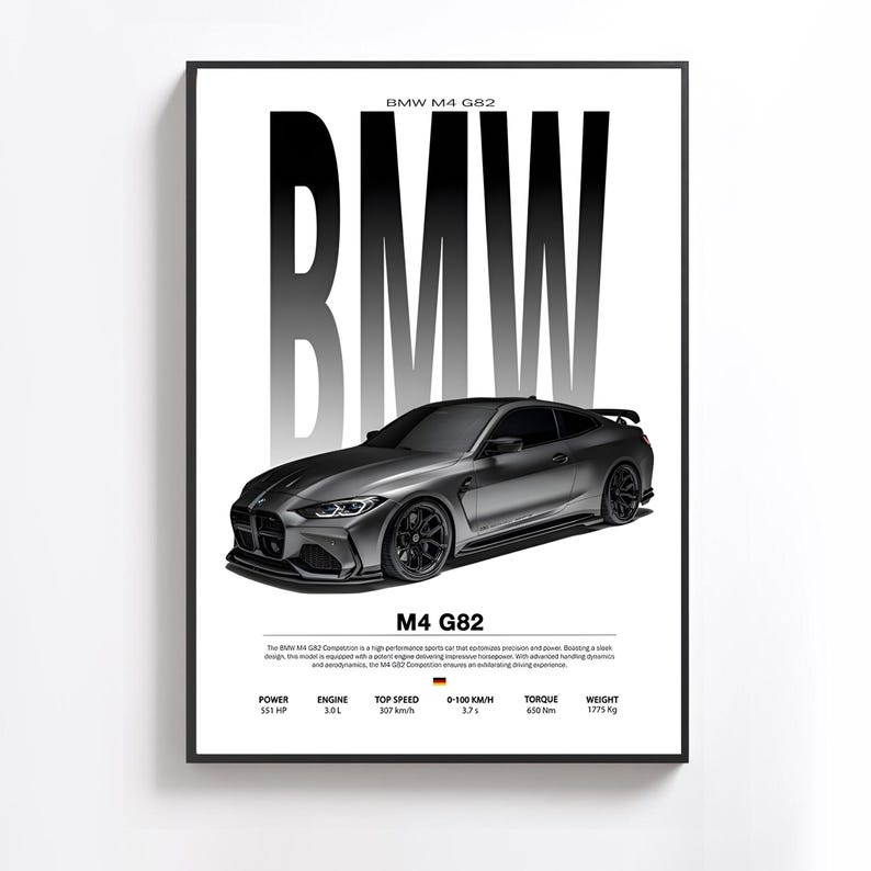 May include: A framed print featuring a gray BMW M4 G82 sports car. The car is depicted in a sleek, modern style with the BMW logo and model information prominently displayed. The print includes specifications such as power, engine, top speed, and weight.
