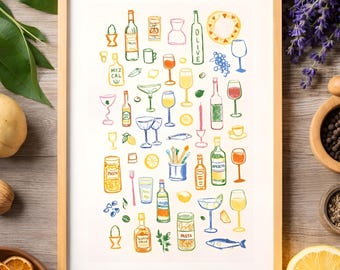 Italian Kitchen Wall Art Print, Foodie Food Art Poster, Wine & Pasta Doodle, Printable Wall Decor