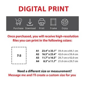 May include: Digital print graphic with icons for purchase, download, print, frame, and enjoy. Includes sizes A1 (23.4" x 33.1"), A2 (16.5" x 23.4"), A3 (11.7" x 16.5"), and A4 (8.3" x 11.7"). Text: "Need a different size or measurement? Message me and I'll create a custom size for you."