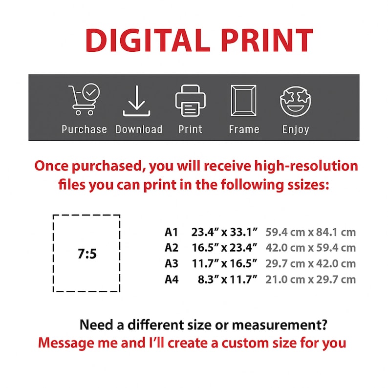 May include: Digital print graphic with icons for purchase, download, print, frame, and enjoy. Includes sizes A1 (23.4" x 33.1"), A2 (16.5" x 23.4"), A3 (11.7" x 16.5"), and A4 (8.3" x 11.7"). Text: "Need a different size or measurement? Message me and I'll create a custom size for you."