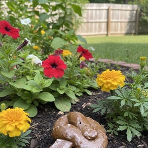 May include: A brown, ceramic sculpture of a pile of poop sits in a garden bed with red and yellow flowers. The sculpture is detailed with a glossy finish. The garden bed is surrounded by a wooden fence and green grass.