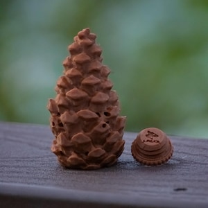 May include: A brown, detailed pine cone and a small, round object with a design on top. The objects are made of a textured material and sit on a dark surface. The background is a blurred green.