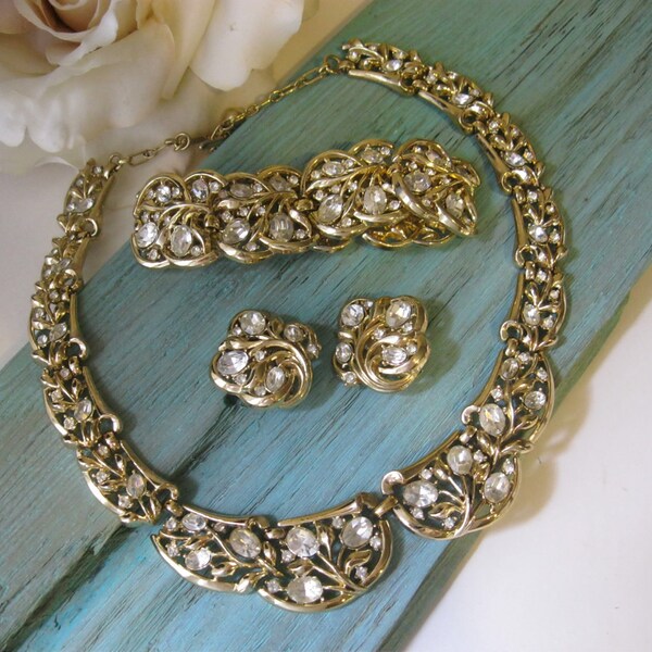 SALE....Vintage Crown Trifari Rhinestone Set Necklace Bracelet Earrings Signed