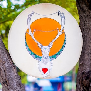 Handmade Shamanic Drum – Hand Painted Stag Spirit Design – Sacred Ceremony Drum – Animal Totem Healing Instrument – Boho Tribal Art Gift-18&quot;