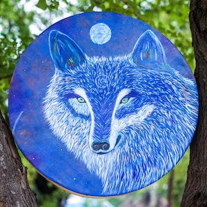 Handmade Shamanic Drum – Wolf Spirit & Full Moon Art – Hand-Painted Ritual Drum for Ceremony, Meditation and Spiritual Healing - 20&quot; drum