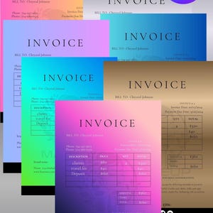 May include: A collection of invoices with colorful gradient backgrounds, including pink, orange, blue, and gold. Each invoice displays the word "INVOICE" at the top, with details like client information and payment due dates. The Canva logo is visible.