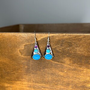 Turquoise & Amethyst Sterling Silver Drop Earrings | Boho Gemstone Jewelry | Silver Tone Dangle Earrings | Gift for Her