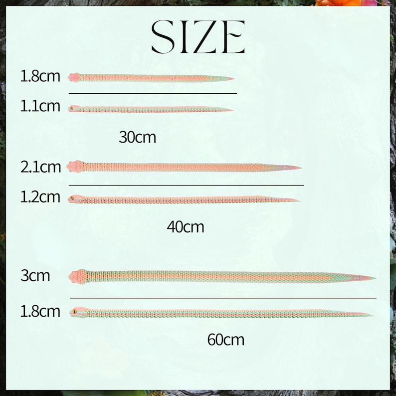 May include: A size chart titled SIZE displaying six long, slender, textured snake-like objects in peach and green tones. The chart lists lengths of 30cm, 40cm, and 60cm, with corresponding widths ranging from 1.1cm to 3cm for each item.